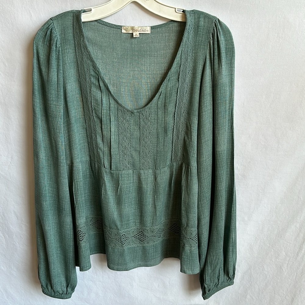 Rewind long sleeve green babydoll V-neck top, size M
